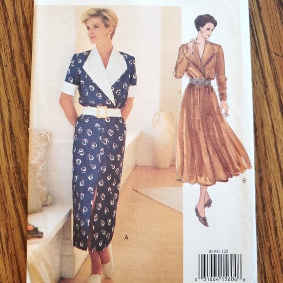 90s Vogue Pattern 8593 Pullover Blouson Dress Large Collar Mock Wrap 12 14 16 - Picture 1 of 3